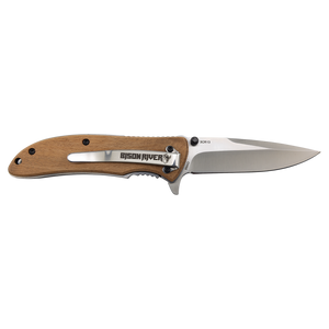 The Bison River 4 1/4" Everyday Carry Knife features a stainless steel blade, wooden handle, and your logo custom laser engraved—perfect for corporate gifts or promotional giveaways.