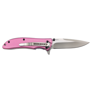 The Custom Laser Engraved Bison River 4 1/4" Everyday Carry Knife features a pink handle and silver blade with the Bison River logo, ideal for promotional giveaways or corporate gifts. Shown against a white background.