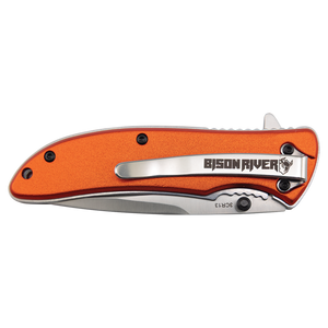 The Custom Laser Engraved Bison River 4 1/4" Everyday Carry Knife features an orange handle, silver clip, and "Bison River" branding—ideal for corporate gifts or promotional giveaways.