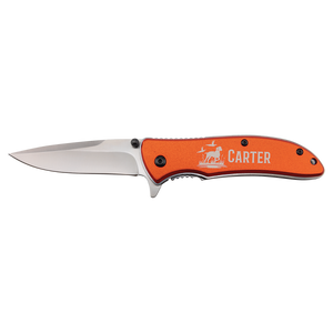 The Bison River Custom Laser Engraved 4 1/4" Everyday Carry Knife features a silver blade, orange handle labeled "CARTER," and a horse rider graphic—ideal for custom corporate gifts.