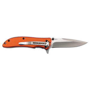 The Custom Laser Engraved Bison River 4 1/4" Everyday Carry Knife features an orange handle and silver blade—perfect for branded corporate gifts or unique promotional giveaways.