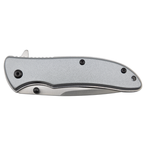 The Bison River Custom Laser Engraved 4 1/4" Everyday Carry Knife features a silver handle with black screws, shown closed against a white background—ideal for corporate gifts or stylish promotional giveaways.