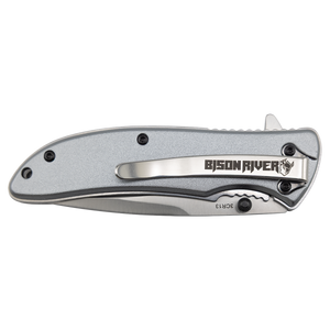 The Custom Laser Engraved Bison River 4 1/4" Everyday Carry Knife features a metal handle, pocket clip, and custom "Bison River" engraving with a bison logo—perfect for corporate gifts or promotional giveaways.