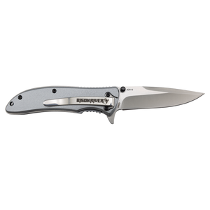The Custom Laser Engraved Bison River 4 1/4" Everyday Carry Knife features a silver handle and partially serrated blade—ideal for corporate gifts or promotional giveaways.