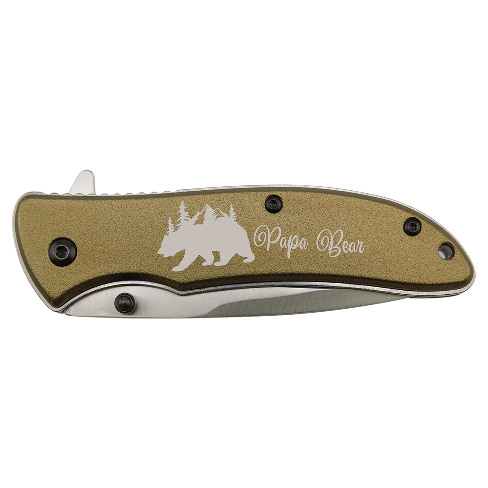 The Custom Laser Engraved Bison River 4 1/4" Everyday Carry Knife by Bison River features a gold handle with a bear, trees, and "Papa Bear"—ideal for corporate gifts or promotional giveaways.