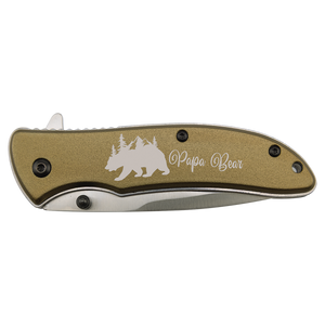 The Custom Laser Engraved Bison River 4 1/4" Everyday Carry Knife by Bison River features a gold handle with a bear, trees, and "Papa Bear"—ideal for corporate gifts or promotional giveaways.