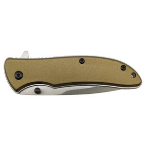 The Bison River Custom Laser Engraved 4 1/4" Everyday Carry Knife, with a metallic tan handle and black screws, is perfect for corporate gifts or promotional giveaways—shown closed against a plain white background.