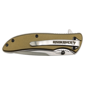 The Custom Laser Engraved Bison River 4 1/4" Everyday Carry Knife features a metallic handle, closed blade, and pocket clip—ideal for corporate gifts or promos. Personalize it with custom laser engraving for a unique touch.