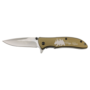 The Bison River Custom Laser Engraved 4 1/4" Everyday Carry Knife has a metallic blade and olive green handle with bear, trees, and "Papa Bear" graphic—ideal for unique promotional giveaways or memorable corporate gifts.