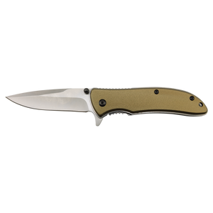 The Bison River Custom Laser Engraved 4 1/4" Everyday Carry Knife features a metallic blade and tan handle, ideal for corporate gifts or promotional giveaways, shown here on a plain white background.