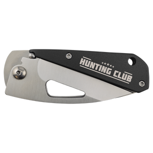 The Bison River Custom Laser Engraved 3 1/2" Everyday Carry Knife features a metallic blade, black handle, and "HUNTING CLUB" with five stars—perfect for corporate gifts or promotional giveaways.