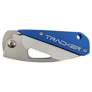 The Bison River Custom Laser Engraved 3 1/2" Everyday Carry Knife features a blue "TRACKER" handle and partially exposed stainless steel blade—perfect for corporate gifts or promotional giveaways.
