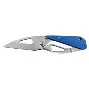 The Bison River Custom Laser Engraved 3 1/2" Everyday Carry Knife features a silver blade and blue handle, shown open against a white background—ideal for corporate gifts or promotional giveaways.