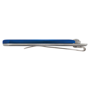 The Bison River Custom Laser Engraved 3 1/2" Everyday Carry Knife, shown closed with a blue and silver finish and metal pocket clip, is ideal for corporate gifts or promotional giveaways.