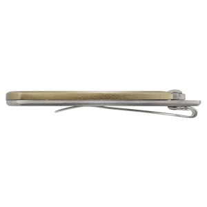 Side view of a closed Bison River 3 1/2" Everyday Carry Knife with brass handle and metal pocket clip, shown on a white background—ideal as a custom laser engraved corporate gift.