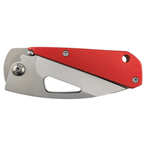 The Bison River Custom Laser Engraved 3 1/2" Everyday Carry Knife features a red metal handle and stainless steel blade in a compact, folding design—perfect for corporate gifts or promotional giveaways.