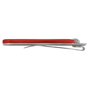 The Bison River Custom Laser Engraved 3 1/2" Everyday Carry Knife, shown closed from the side with a red handle, silver clip, and thumb stud—ideal for corporate gifts or promos—displayed on a white background.