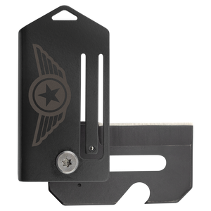 The Bison River Custom Laser Engraved 2" Everyday Carry Knife features a black metal body, sliding cover, winged star emblem, and exposed blade—perfect for promotional giveaways or corporate gifts. Shown on a white background.