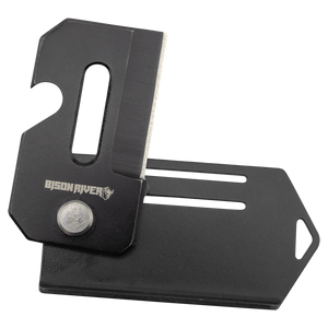 The Custom Laser Engraved Bison River 2" Everyday Carry Knife is a compact black metal tool with a blade, slotted opening, and matching cover—perfect for corporate gifts or distinctive promotional giveaways.