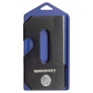 A Custom Laser Engraved Bison River 2" Everyday Carry Knife by Bison River is displayed on a blue plastic holder, making it ideal for corporate gifts or promotional giveaways, all set against a white background.