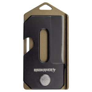 The Custom Laser Engraved Bison River 2" Everyday Carry Knife by Bison River features a rectangular black and bronze design, cut-out handle, visible blade, and is ideal for corporate gifts or custom promotional giveaways.
