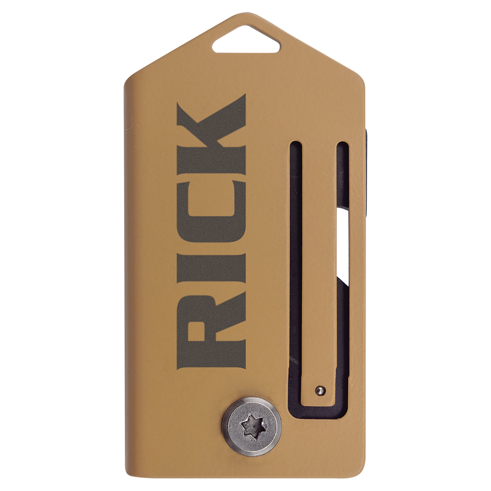 Tan-colored Bison River 2" Everyday Carry Knife with custom laser engraving, featuring a slide mechanism and bottom screw—perfect as a branded corporate gift or promotional giveaway.