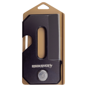 The Custom Laser Engraved Bison River 2" Everyday Carry Knife features a black metal body, built-in cutter, and comes in retail packaging—perfect for corporate gifts or promotional giveaways.