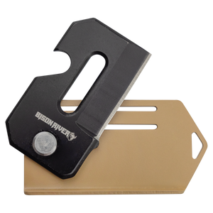 The Custom Laser Engraved Bison River 2" Everyday Carry Knife features a black blade on a tan plastic sheath with two slots and an angled corner—perfect for corporate gifts or promotional giveaways.