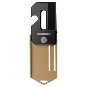 The Custom Laser Engraved Bison River 2" Everyday Carry Knife is a compact, black and tan multi-tool with a slot, hook, and protective sheath—ideal for corporate gifts or promotional giveaways.