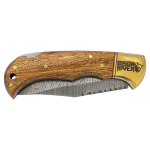 Custom Laser Engraved Bison River 3 3/4" Wood Folding Knife with Damascus Steel Blade and Leather Sheath