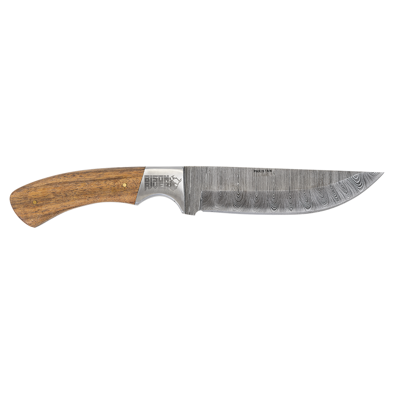 Custom Laser Engraved Bison River 9 1/2" Fixed Blade Wood Knife with Damascus Steel Blade and Leather Sheath