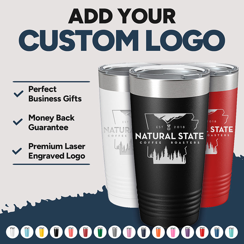 Explore Kodiak Coolers' custom tumblers in white, black, and red with the "Natural State Coffee Roasters" logo—ideal as promotional gifts. Featuring premium laser engraving, no setup fees, a money-back guarantee, and bulk pricing options during our Friday Flash Sale.