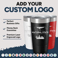 Promotional graphic showcasing Kodiak Coolers' Custom Tumblers with Logo Engraved, available in black, white, and red. Text highlights 