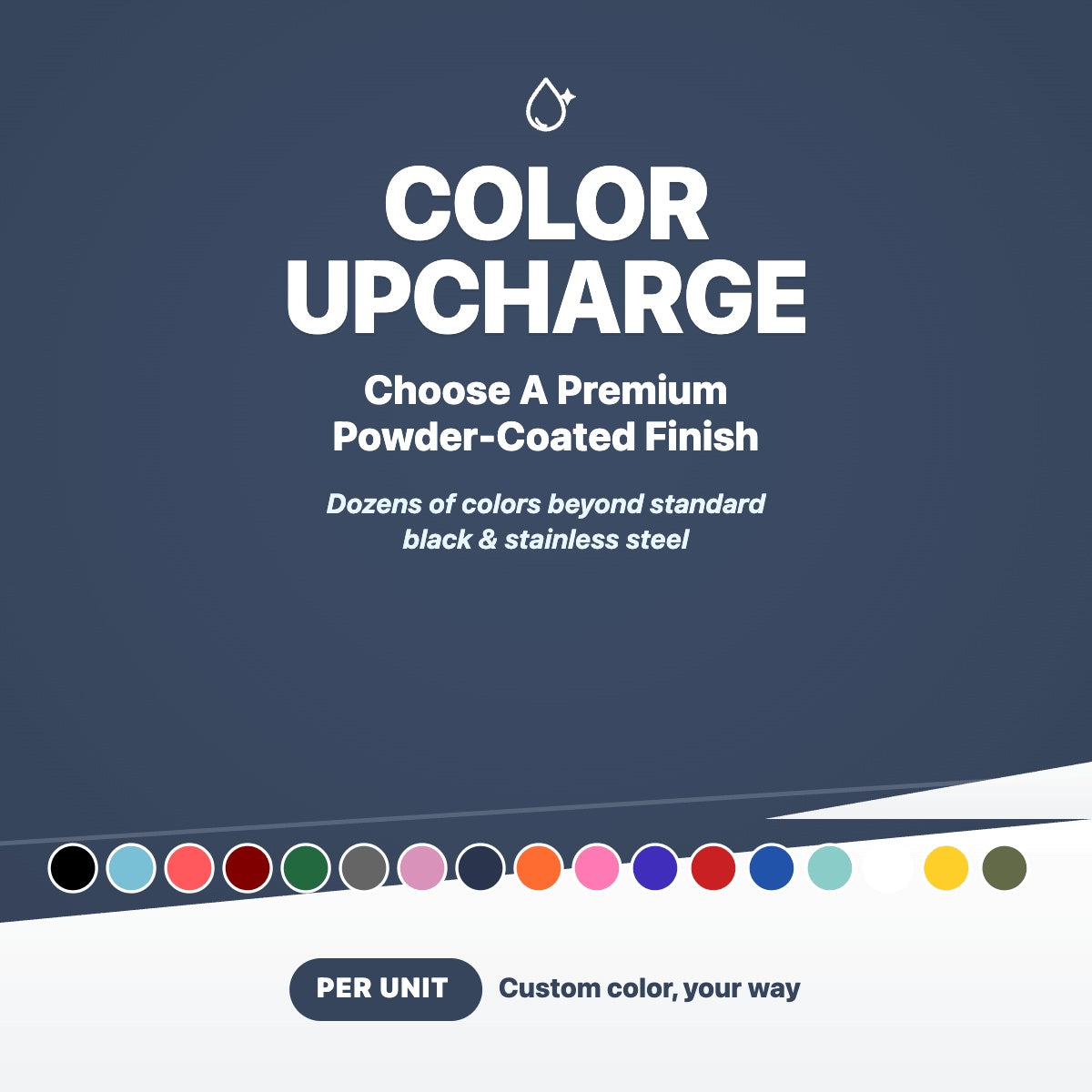 Graphic advertising Kodiak Wholesale's Colored Tumbler Upcharge (per unit), featuring premium powder-coated colors beyond standard options. Ideal for pack builder customization with a clear per-unit price note.