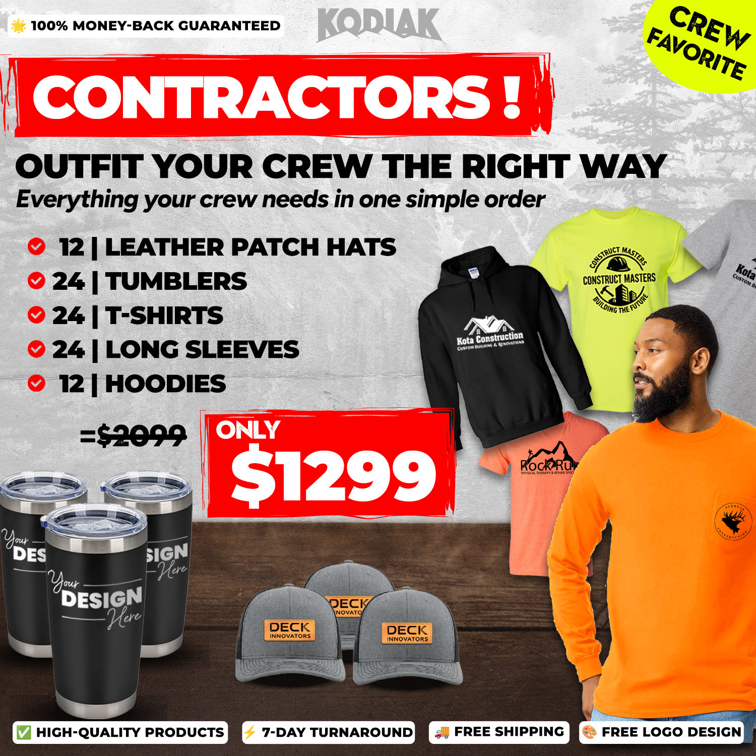 Promotional image featuring the Gildan Contractor Crew Power Pack | Custom Apparel + Drinkware: includes shirts, hoodies, hats, and engraved drinkware for $1299. High quality and free shipping included.