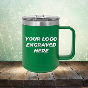 Custom coffee mug with business logo laser engraved branded 15oz with handle green