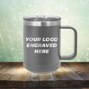 Custom coffee mug with business logo laser engraved branded 15oz with handle grey