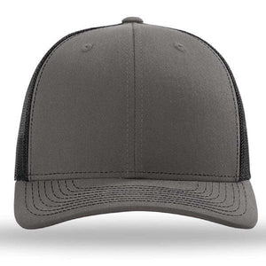 A Richardson 112 Snapback Trucker Cap - Custom Leather Patch Hat | No Minimals | Volume Tiered Pricing made of cotton/polyester with a pre-curved visor and mesh back, displayed on a white background.