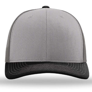 A grey and black Richardson 112 Snapback Trucker Cap with a pre-curved visor on a white background.