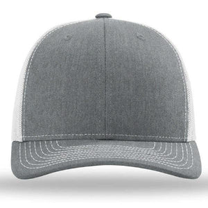 A Richardson 112 Snapback Trucker Cap - Custom Leather Patch Hat with a mesh back on a white background.
