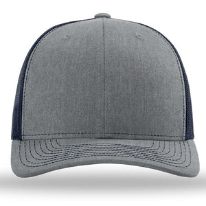 A grey and navy Richardson 112 Snapback Trucker Cap with a pre-curved visor and mesh back on a white background.