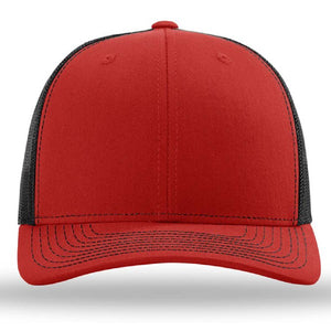 A Richardson 112 Snapback Trucker Cap - Custom Leather Patch Hat with a mesh back on a white background.
