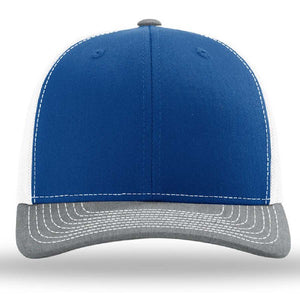 A blue and grey Richardson 112 Snapback Trucker Cap with a pre-curved visor and mesh back.