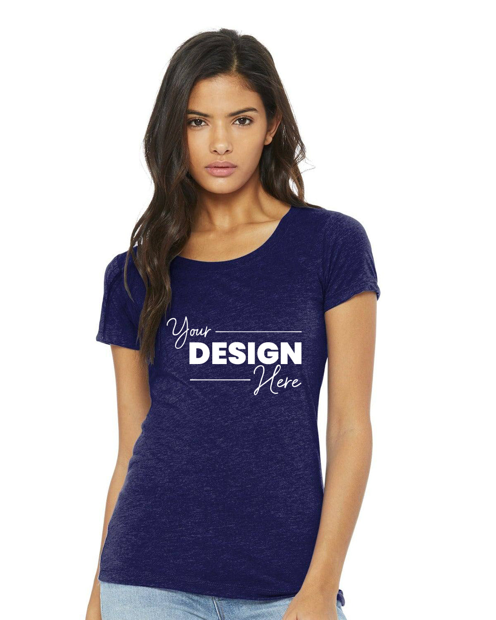 A person wearing a navy Bella + Canvas Women's Triblend Short Sleeve T-Shirt BC8413 with "Your Design Here" text, standing against a white background.