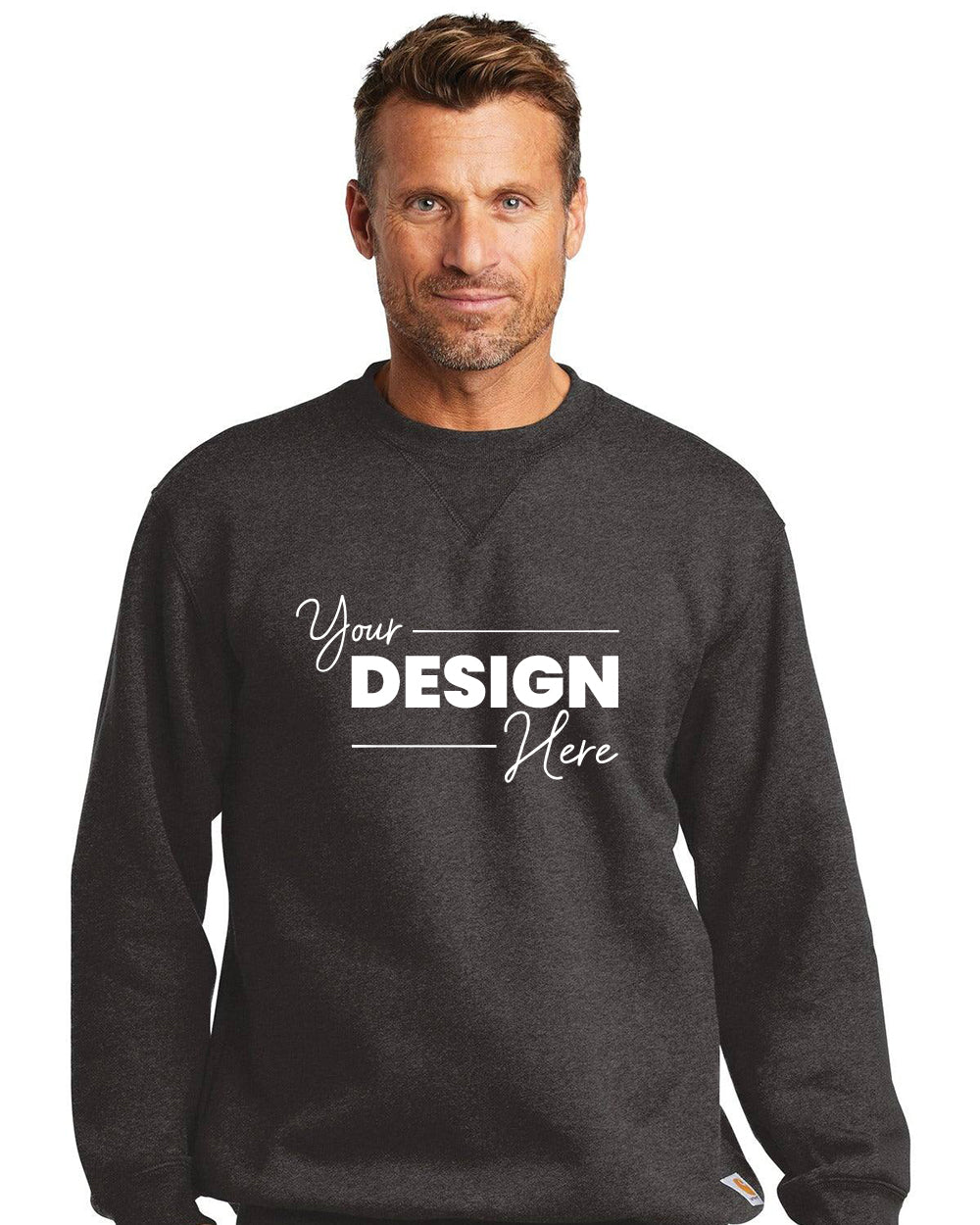 Man wearing a Carhartt Midweight Crewneck Sweatshirt CTK124 by Carhartt with "Your Design Here" in white—ideal for the job site or everyday wear, offering warmth, comfort, and personalized style.
