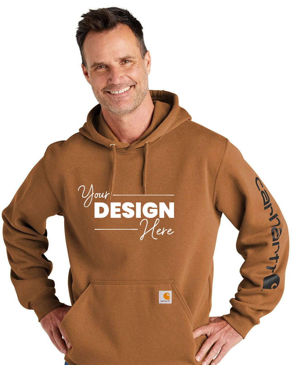 A man wearing a Carhartt Midweight Hoodie Logo Sweatshirt CTK288, known for its durable workwear quality, showcases "Your Design Here" printed on the front.