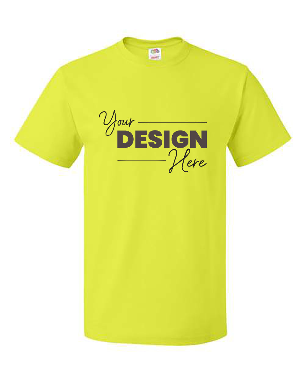A Fruit of the Loom lime green HD Cotton Short Sleeve Safety T-Shirt with the text "Your Design Here" printed on the front in black letters.