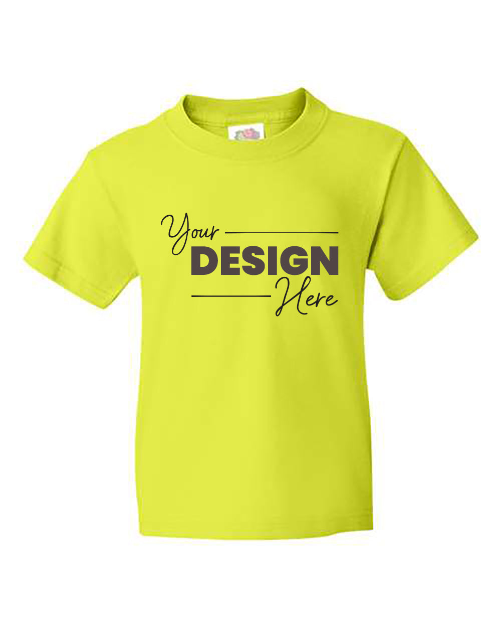 A lime green Fruit of the Loom HD Cotton Youth Short Sleeve Safety T-Shirt with the text "Your DESIGN Here" printed in bold black font on the front, perfect for bulk customized t-shirts or promotional materials.