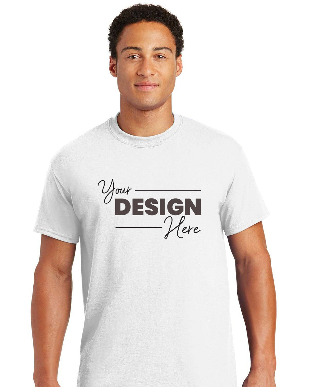 A person wears a white Gildan DryBlend 50 Cotton/50 Poly T-Shirt 8000 with "Your Design Here" on the front, offering comfort and durability.