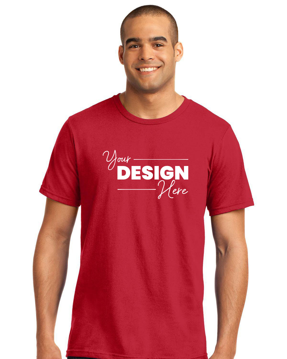 A man wears a Gildan 100% Ring Spun Cotton T-Shirt 980 in red with "Your Design Here" in white on the front, featuring a modern fit—ideal for bulk custom orders.